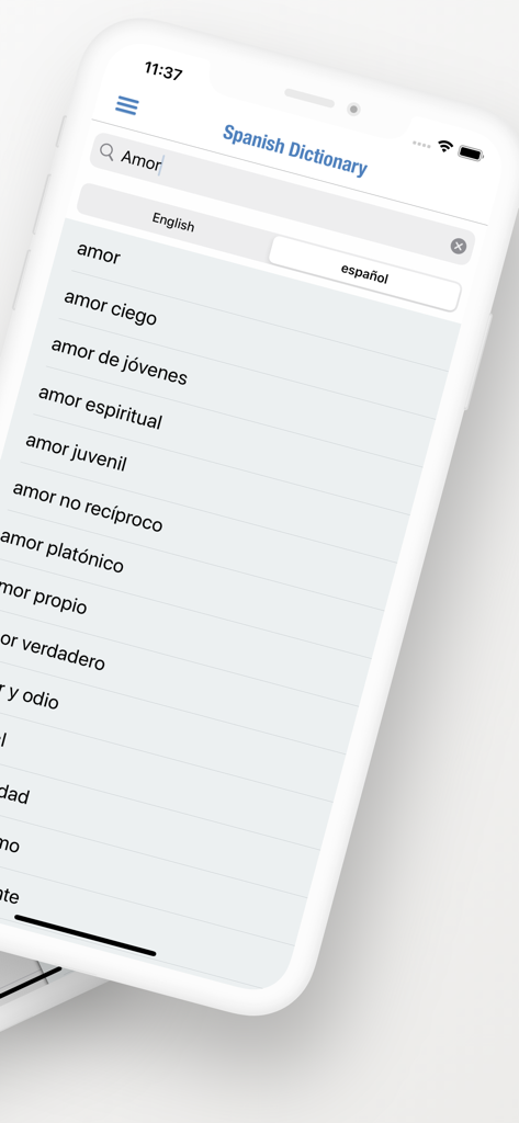 Spanish Dictionary + - Spanish Dictionary Plus app interface showing search results for the word Amor and related Spanish phrases