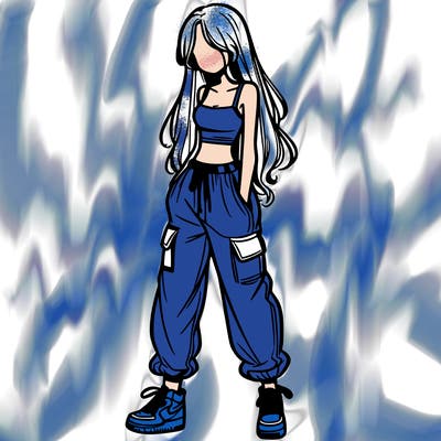 girl in baggy pants crop top and long hair