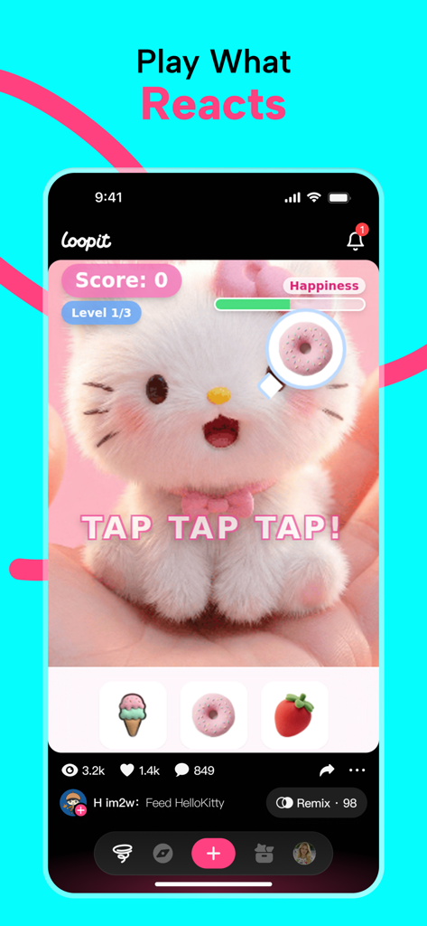 Loopit - Make playables - Écran de l'application Loopit montrant un jeu interactif remaniable où l'utilisateur nourrit un chaton moelleux pour augmenter son bonheur.