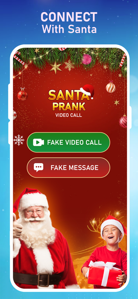Prank Call - Santa Coming - Santa prank call app main screen with fake video call and message buttons