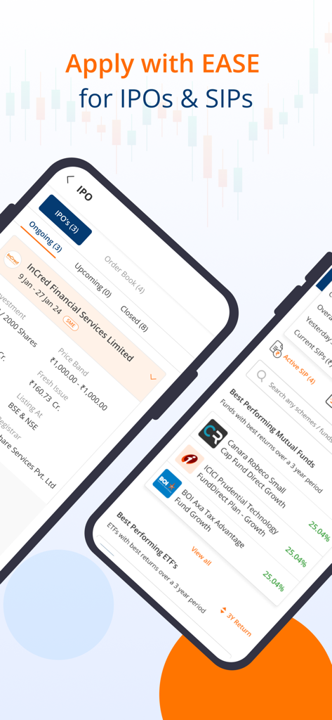mStock app screens showing Indian market IPO application details and top performing mutual funds for SIP investment