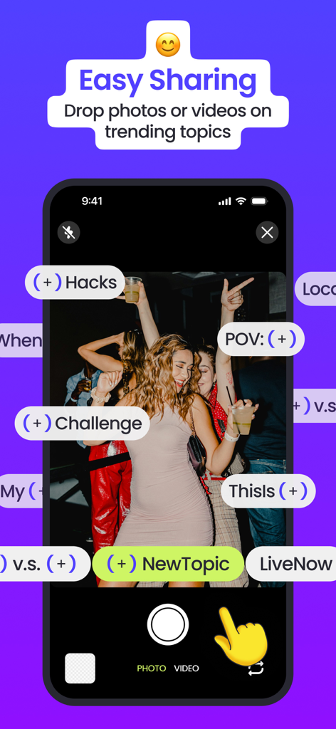 Pantalla de la aplicación Viberse para compartir fácilmente fotos y videos sobre temas de tendencia.