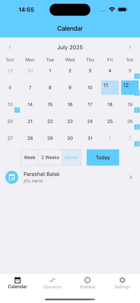 Jewish Calendar Dates - Captura de pantalla de la aplicación Fechas del Calendario Judío mostrando la vista del calendario de julio de 2025 y la Parashá semanal Balak.