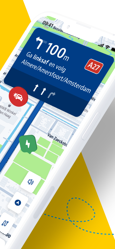 ANWB Onderweg & Wegenwacht - Smartphone screen showing the ANWB Onderweg navigation interface with route instructions for the A27 highway and real-time traffic incident alerts.
