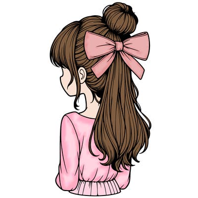 realistic girl  with hip length hair a bun and a big bow on the back of head