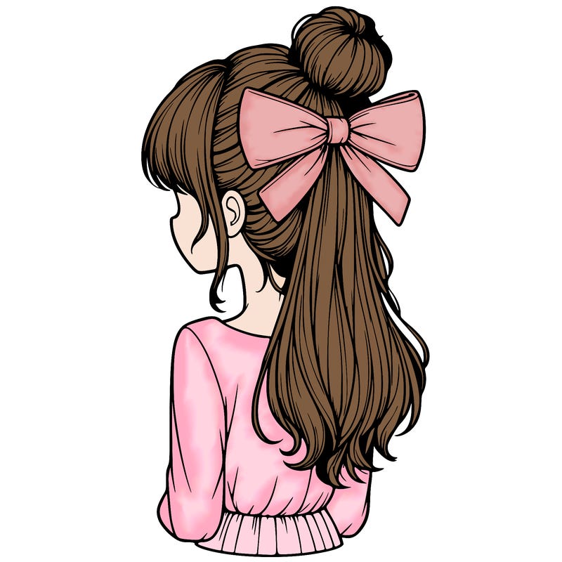 realistic girl  with hip length hair a bun and a big bow on the back of head
