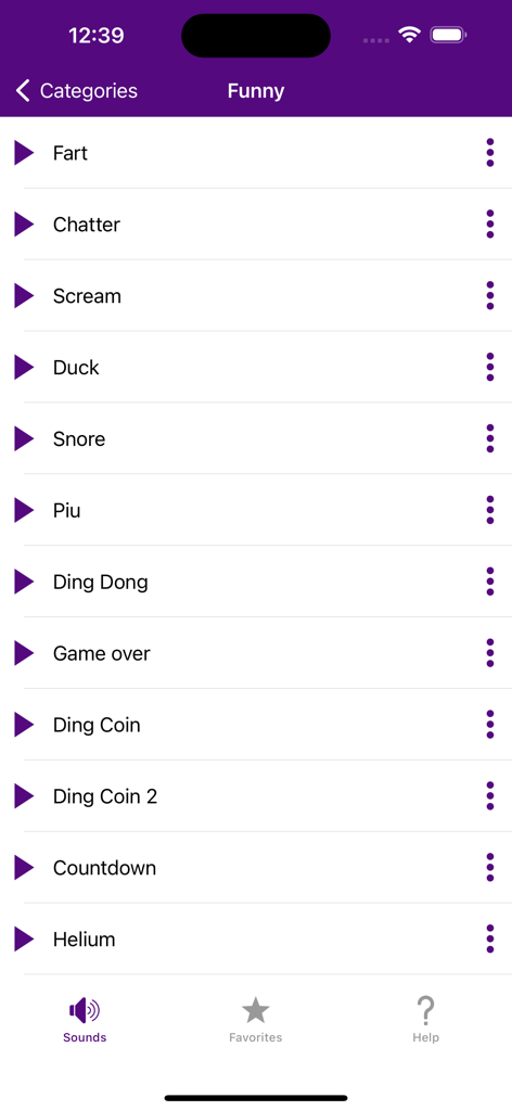Notification Sounds Ringtones - Interface of the Notification Sounds Ringtones app showing a list of funny sound options like Fart, Scream, and Duck.