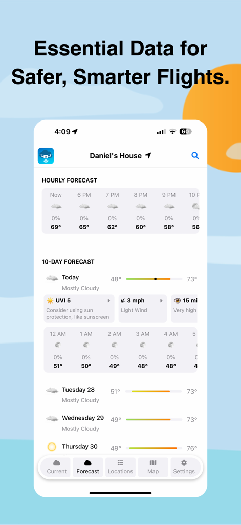 UAV Weather Forecast app showing hourly and 10-day drone flight conditions.