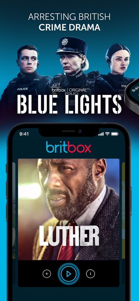 BritBox-App-Oberfläche mit britischen Krimidramen Blue Lights und Luther