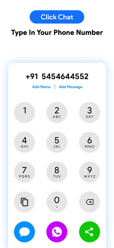 Click To Chat - Direct Message - Interface of Click To Chat app showing a dialer to message phone numbers without saving them to contacts.