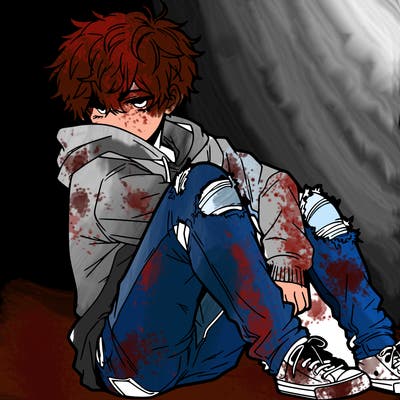 a male hoddie ripped jeans messy hair anime