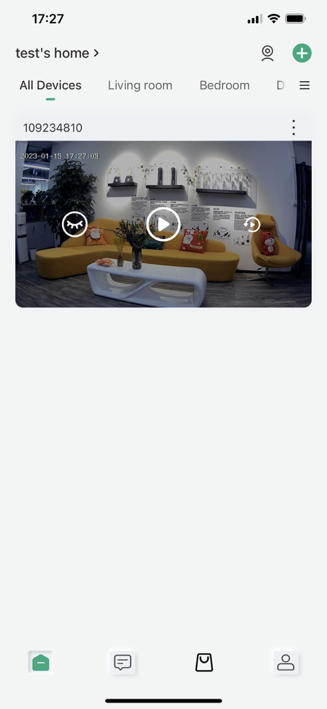Interface de l'application mobile BoifunCam montrant le flux de caméra de sécurité d'un salon.