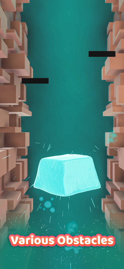 Jelly Ball - Tap Splash & Sync - Gameplay screenshot of Jelly Ball showing a glowing blue jelly block and black horizontal obstacles in a 3D vertical environment.