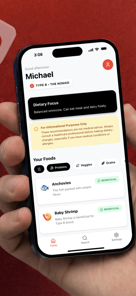 Blood Type Foods App - B型血液型に推奨される食品を示す血液型別食品アプリのダッシュボードが表示されたスマートフォンの画面