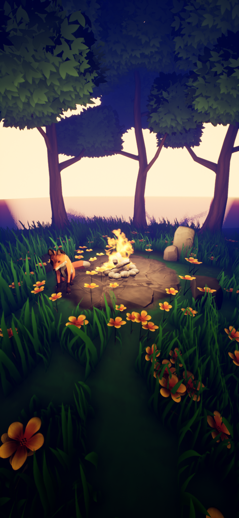 A peaceful digital forest clearing with a fox sitting by a campfire at sunset in The Playne meditation app
