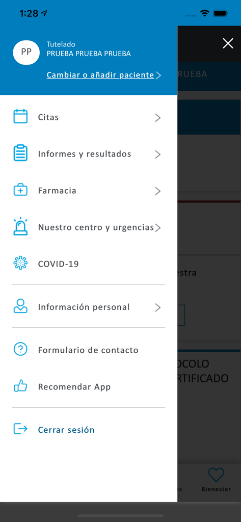 H.U. General de Villalba - The navigation menu of the H.U. General de Villalba app featuring links to appointments medical reports and pharmacy