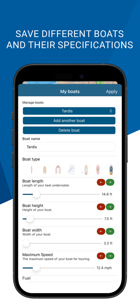 Interface of NavShip app showing boat management and specification settings for height and length