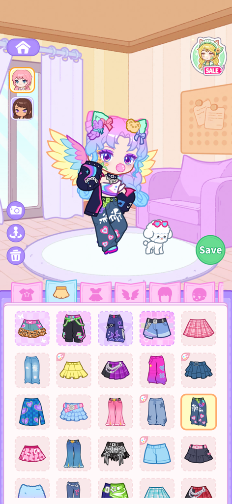 Character customization screen in Pocket Life showing stylish clothing options and a cute pet dog