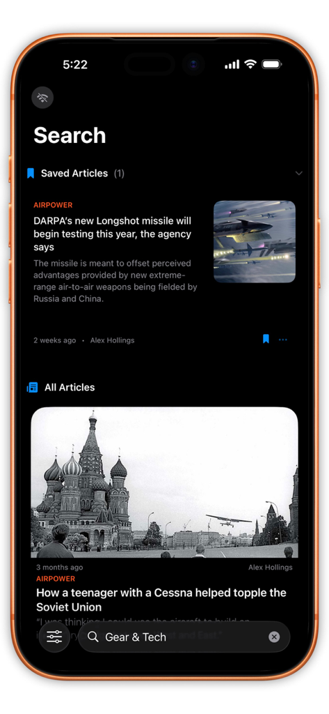 Sandboxx News - Search interface of Sandboxx News app with saved articles and military news feed