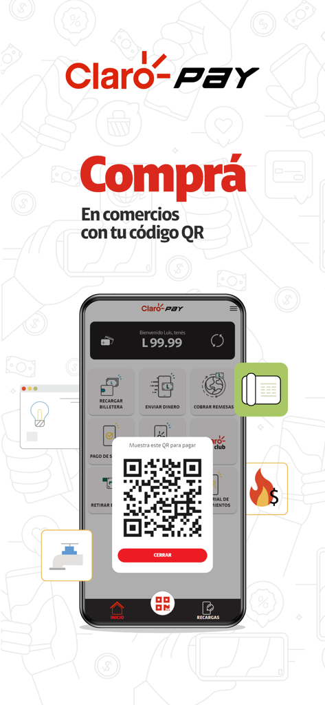 Claro Pay Honduras - Claro Payホンジュラスモバイルアプリ画面。ローカルマーチャントでの支払いのためのQRコードを表示しています。