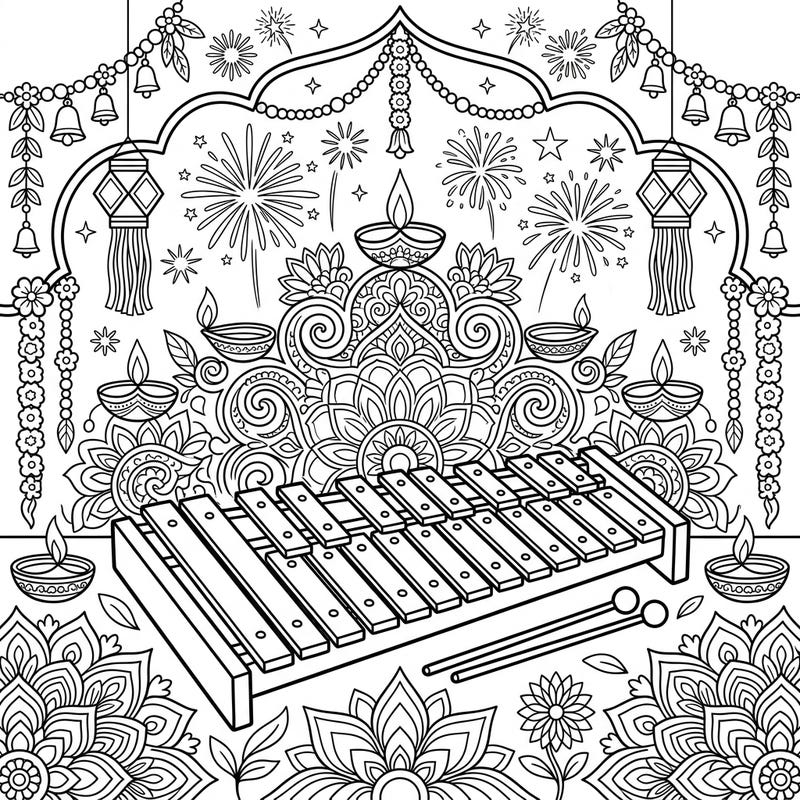 Dive into a vibrant celebration with our unique Diwali Xylophone coloring page. This intricate design beautifully blends musical harmony with the joyous spirit of the festival of lights, inviting you to add your creative touch.