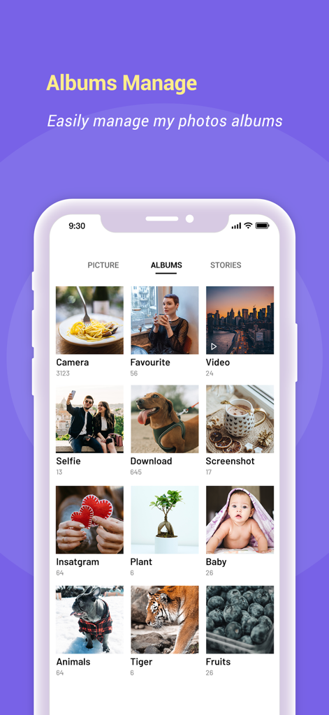 A mobile app interface displaying organized photo albums by category such as favorites, videos, and pets