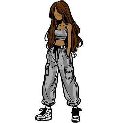 girl in baggy pants crop top and long hair