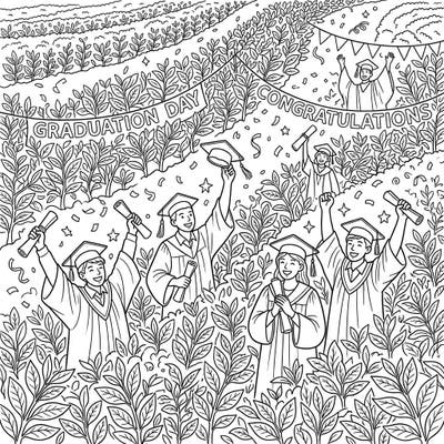 Step into a world where academic achievement meets agricultural beauty with this unique Tea Plantation Graduation coloring page. Featuring jubilant graduates celebrating amidst lush tea rows, it offers a wonderfully detailed and engaging scene to bring to life with your colors.