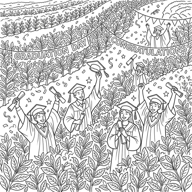 Step into a world where academic achievement meets agricultural beauty with this unique Tea Plantation Graduation coloring page. Featuring jubilant graduates celebrating amidst lush tea rows, it offers a wonderfully detailed and engaging scene to bring to life with your colors.