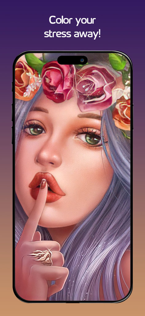 ColorRing・Adult Coloring Book - Portrait of a woman with flower crown on a mobile phone screen with the text Color your stress away