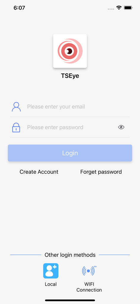 Interface do aplicativo de segurança TSEye com campos de entrada de e-mail e senha
