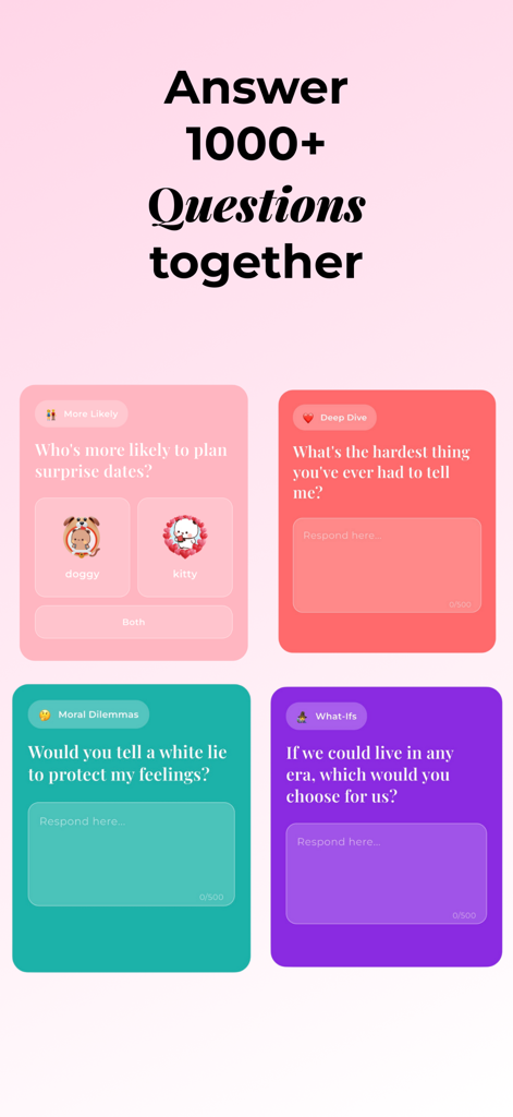 Bonded Together - Interface of Bonded Together app showing colorful cards with conversation starter questions for couples