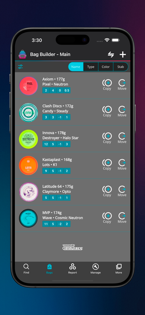 Disc Finder: Disc Golf Bag - Interface of the Disc Finder app's Bag Builder showing a list of disc golf discs with flight numbers and brands