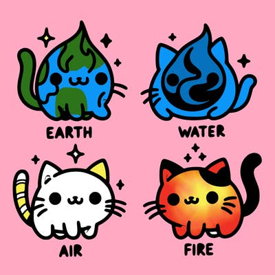 4 cats that represent the different elements, earth, water, air, and fire