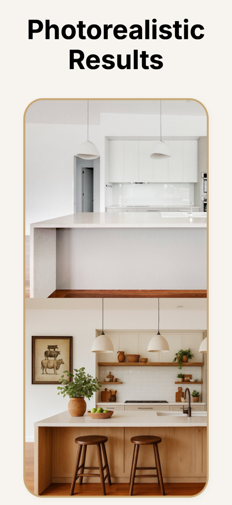 Virtual Staging AI Real Estate - Comparação de antes e depois de uma ilha de cozinha vaga transformada com staging virtual por IA fotorrealista