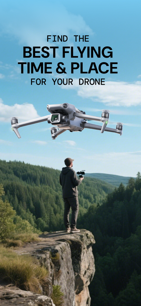 A drone pilot standing on a cliff edge overlooking a forested valley with a UAV in the sky