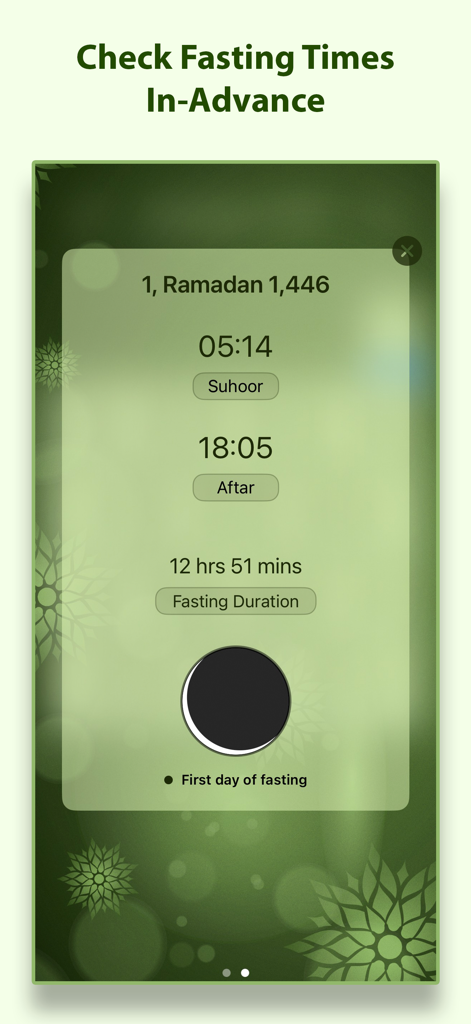 Interface do aplicativo Calendário do Ramadã mostrando os horários de Suhoor e Iftar com a duração do jejum