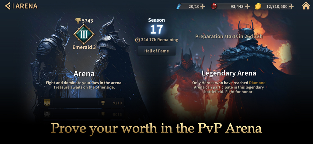 Gods Raid : Team Battle RPG - Gods Raid PvP Arena menu interface showing Arena and Legendary Arena modes with player rank Emerald 3