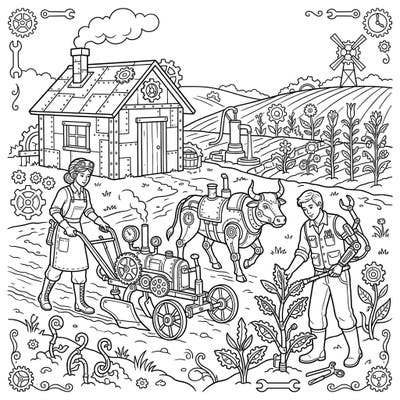Step into a world where pioneering spirit meets intricate machinery with this unique Steampunk Homesteaders coloring page. Discover a fascinating scene of innovation and rustic charm, ready for your creative touch.