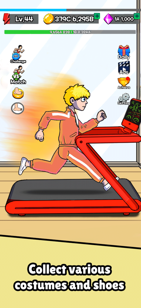 Tap Tap Run | Speed Clicker - A blonde character in an orange tracksuit running on a red treadmill in the Tap Tap Run mobile game