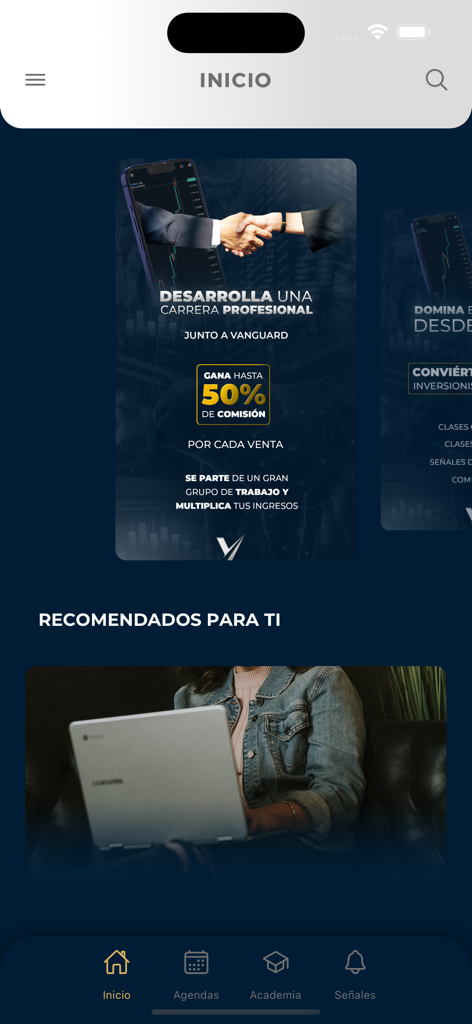 Home screen of the Vanguard app showing career development opportunities and a 50 percent commission incentive.