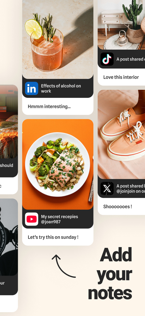Bookmark manager - CentralSave - Interface of the CentralSave app showing bookmarked social media posts with custom personal notes.