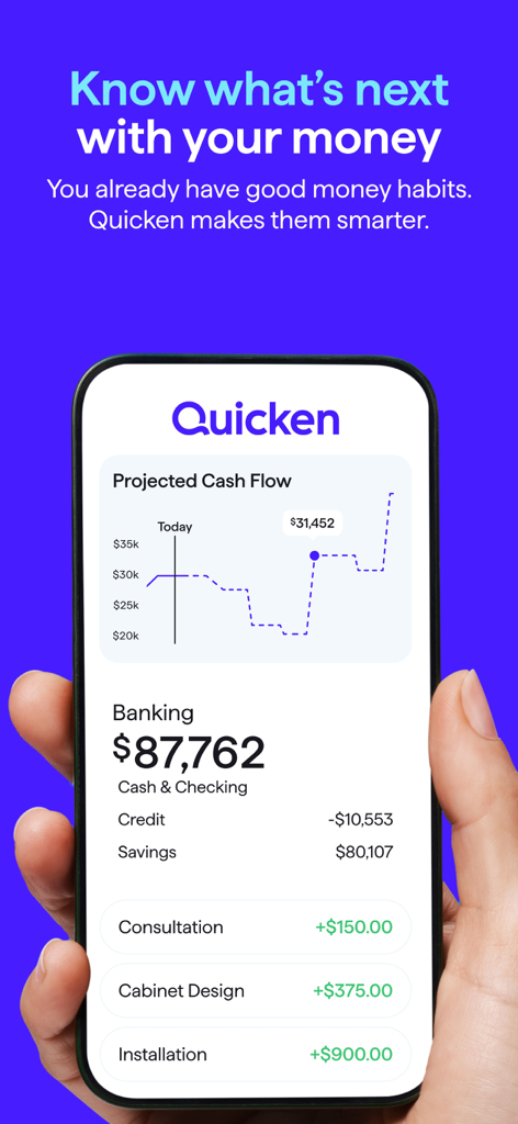 Quicken Simplifi: Budget Smart - Interfaz de la aplicación móvil Quicken Simplifi que muestra un gráfico de flujo de efectivo proyectado y saldos bancarios