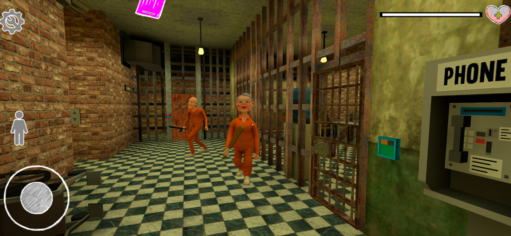Grandpa and Granny 3: Hospital - Gameplay of Grandpa and Granny 3 Hospital showing the scary characters in orange jumpsuits inside a prison ward with bars and a phone booth.