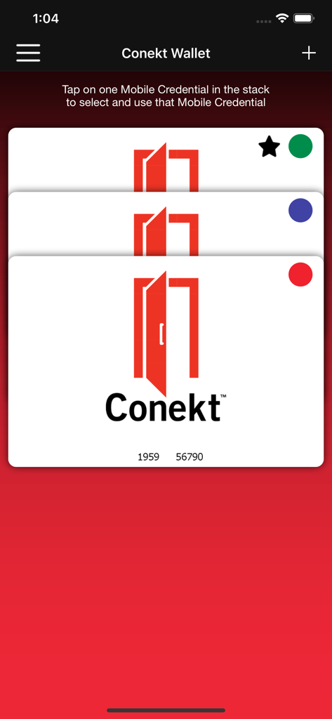 Conekt Wallet App - Conekt Wallet app interface displaying a stack of digital access credentials with a red door logo on an iPhone screen