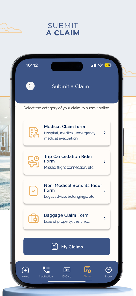 VUMI Travel VIP - VUMI Travel VIP app screen showing options to submit medical, trip cancellation, and baggage claims.