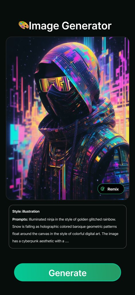 Funy AI app interface for generating AI art showing a neon cyberpunk ninja illustration based on a text prompt.