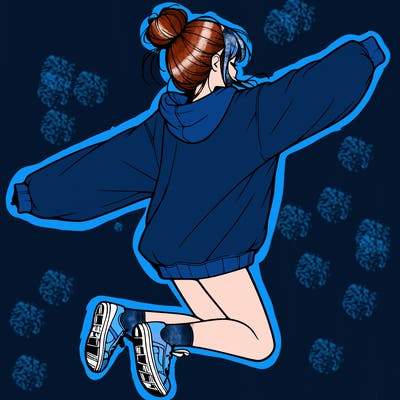 realistic girl jumping with a bun and oversized sweatshirt