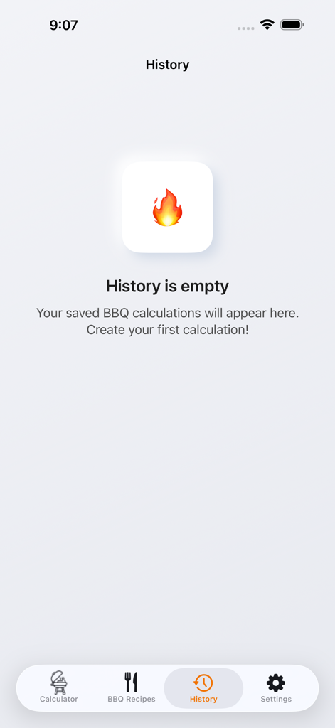 The history tab of the BBQ Meat Recipes and Calculator mobile app showing an empty state with a fire icon.