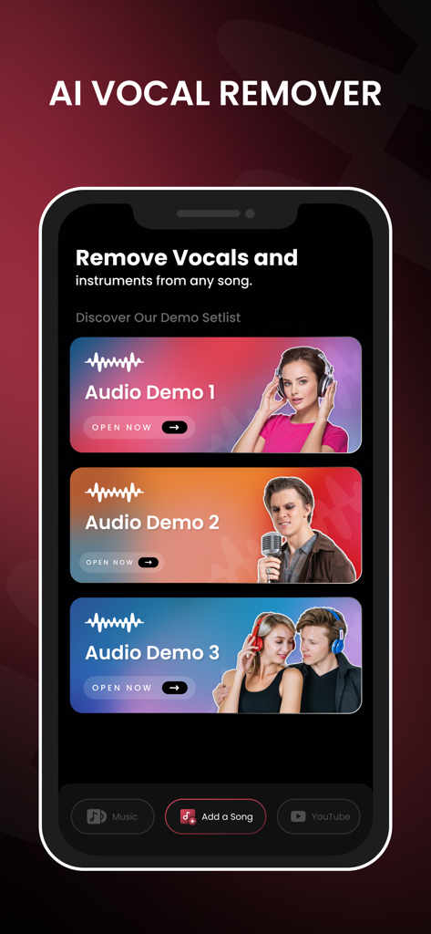 Song Vocal Remover - Music Ext - Schermata dell'app mobile per AI Vocal Remover che mostra demo audio per la rimozione di voci e strumenti